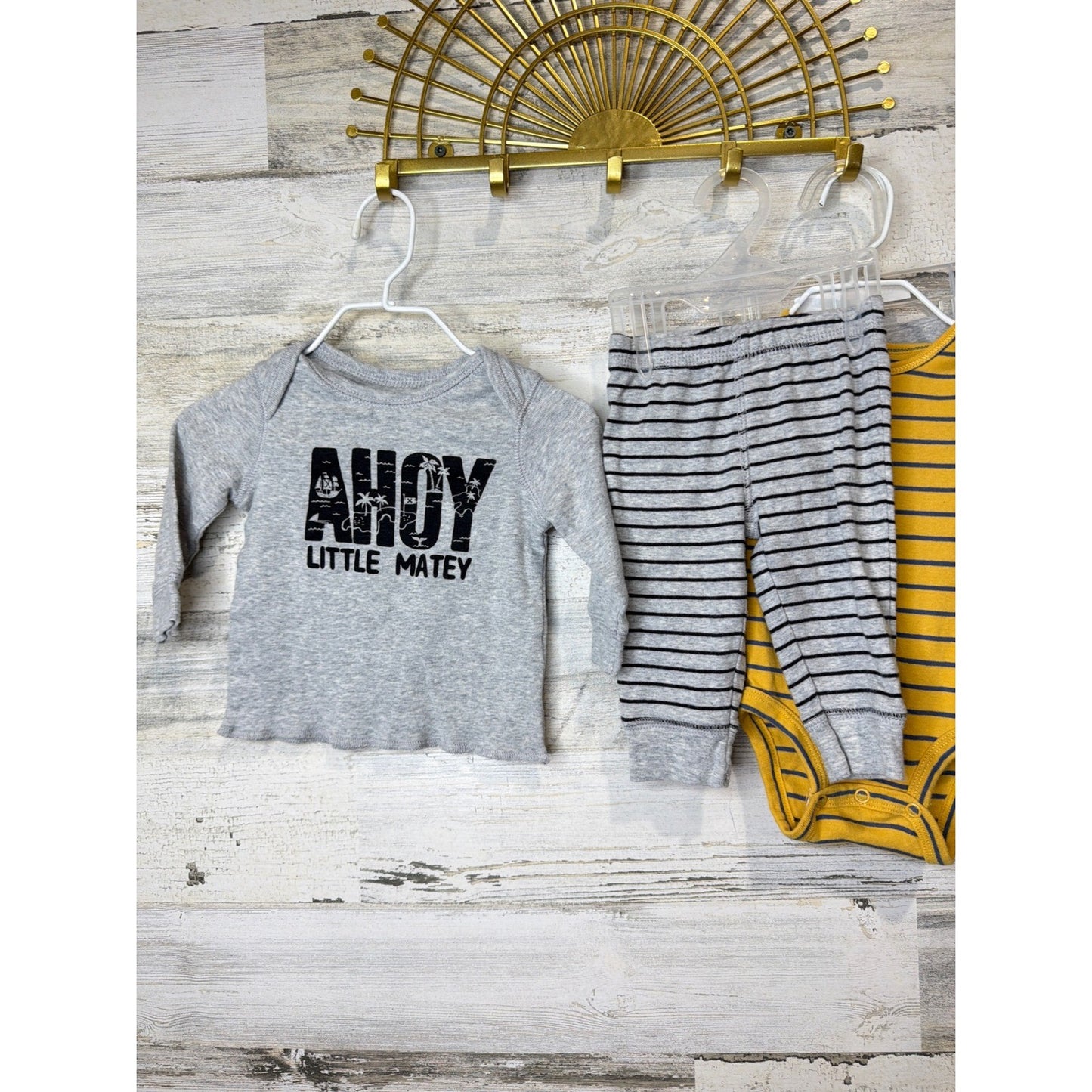 Carter's 4pc Outfit Set Boys 3 Months Gray Yellow Striped Nautical Coastal EUC1