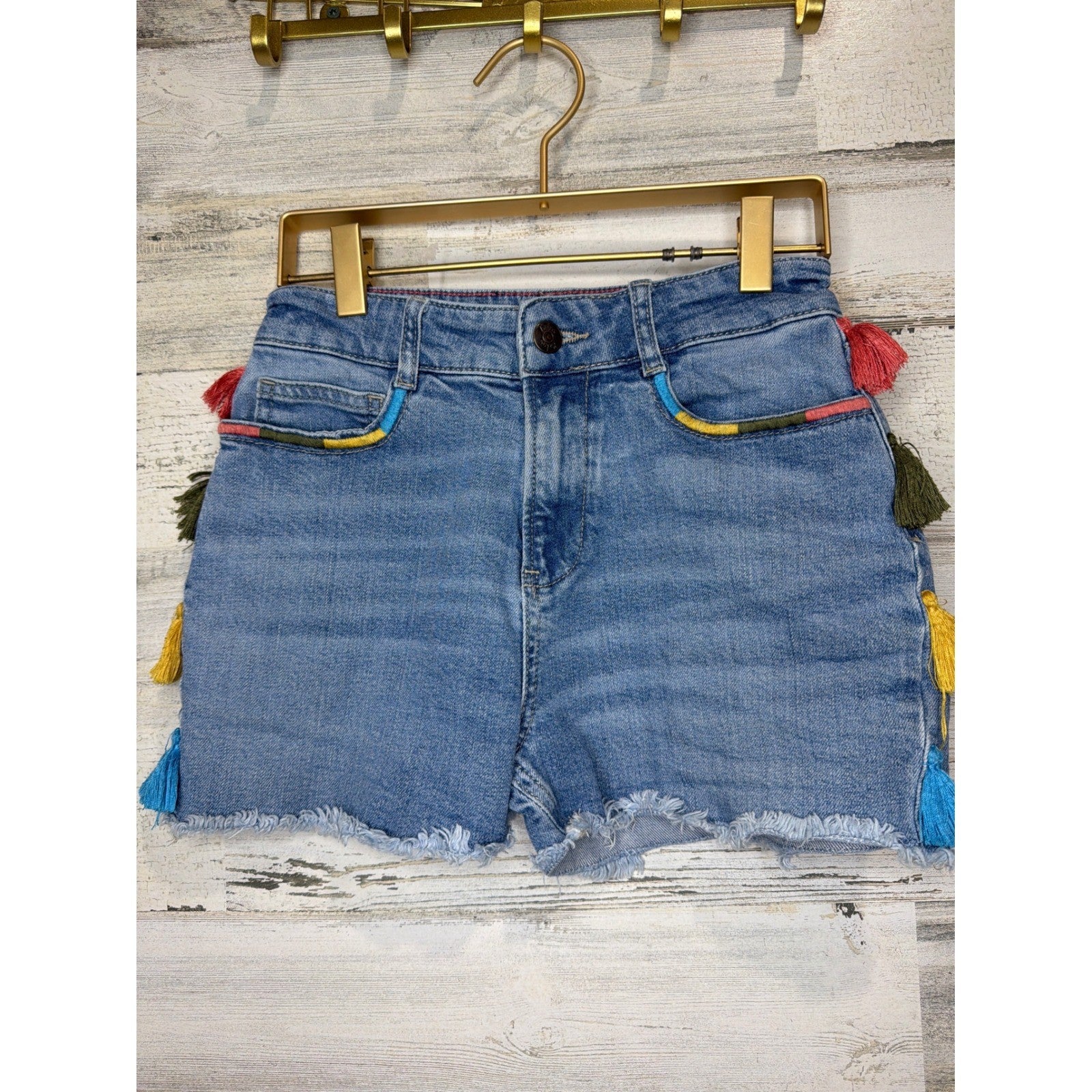 Mini Boden Denim Shorts Girls 12 Blue Tassel Embroidered Boho0