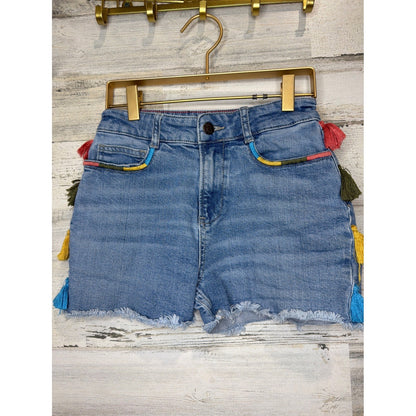 Mini Boden Denim Shorts Girls 12 Blue Tassel Embroidered Boho0