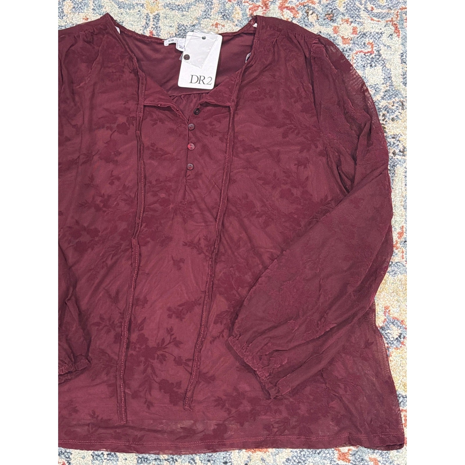 DR2 Blouse Women XXL Burgundy Floral Jacquard Sheer Sleeve Boho NWT1