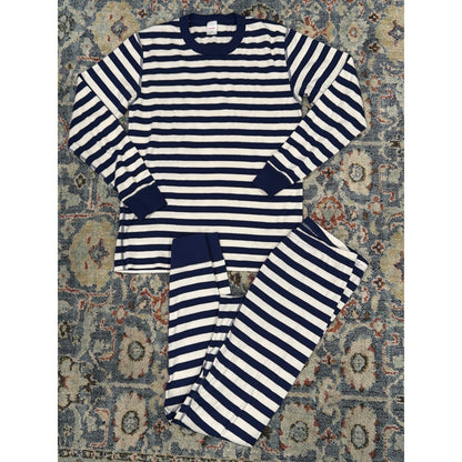 Hanna Andersson Pajama Set Women Medium Navy Blue Striped Organic Cotton EUC0
