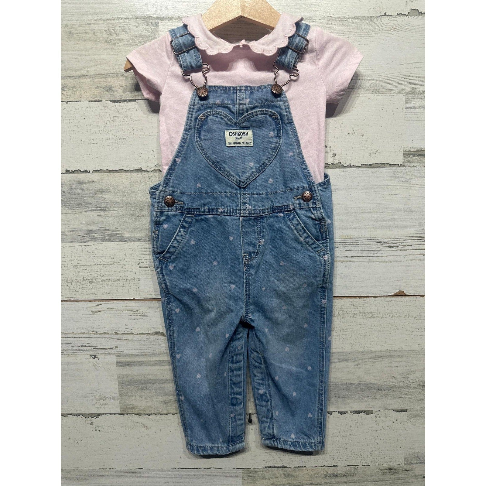 OshKosh B'gosh Overalls Set Girls 12M Blue Pink Heart Print Scallop Collar EUC0