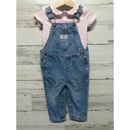 OshKosh B'gosh Overalls Set Girls 12M Blue Pink Heart Print Scallop Collar EUC0