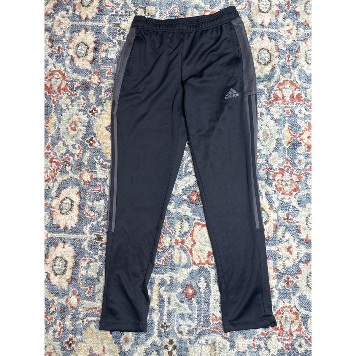 Adidas Joggers Boys 11/12 Black Grey Striped Mesh Athletic Track Pants NWT3