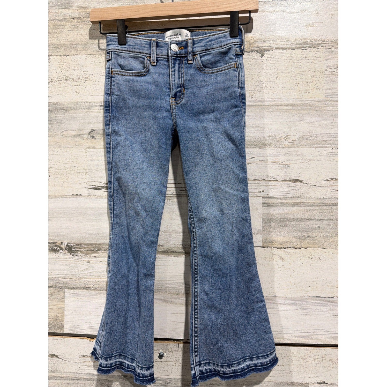 Abercrombie Kids Flare Jeans Girls 7/8 Blue High Rise Released Hem EUC0