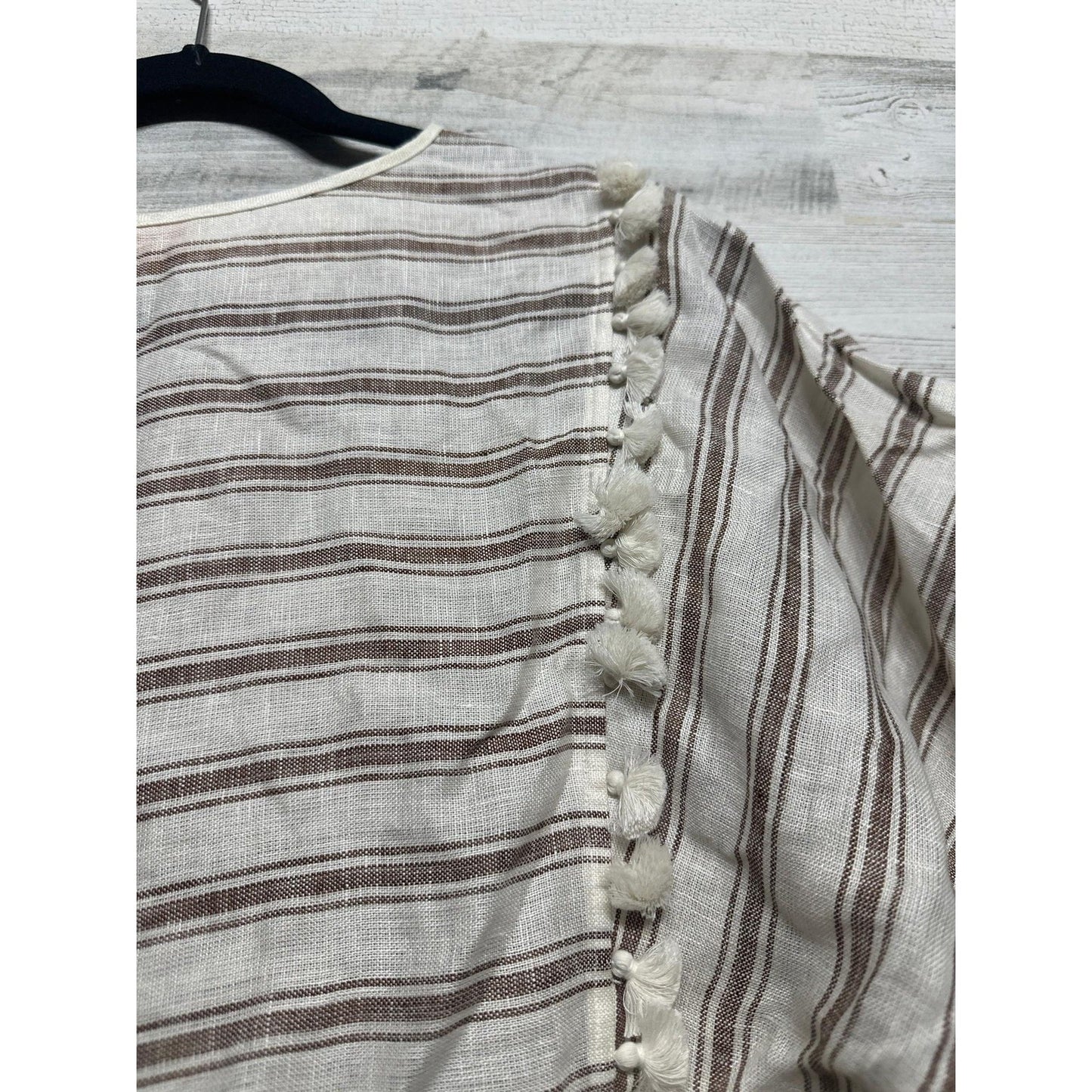 Tory Burch Striped Midi Caftan Women Small Ivory Anise Brown Linen Pom-Pom NWT5