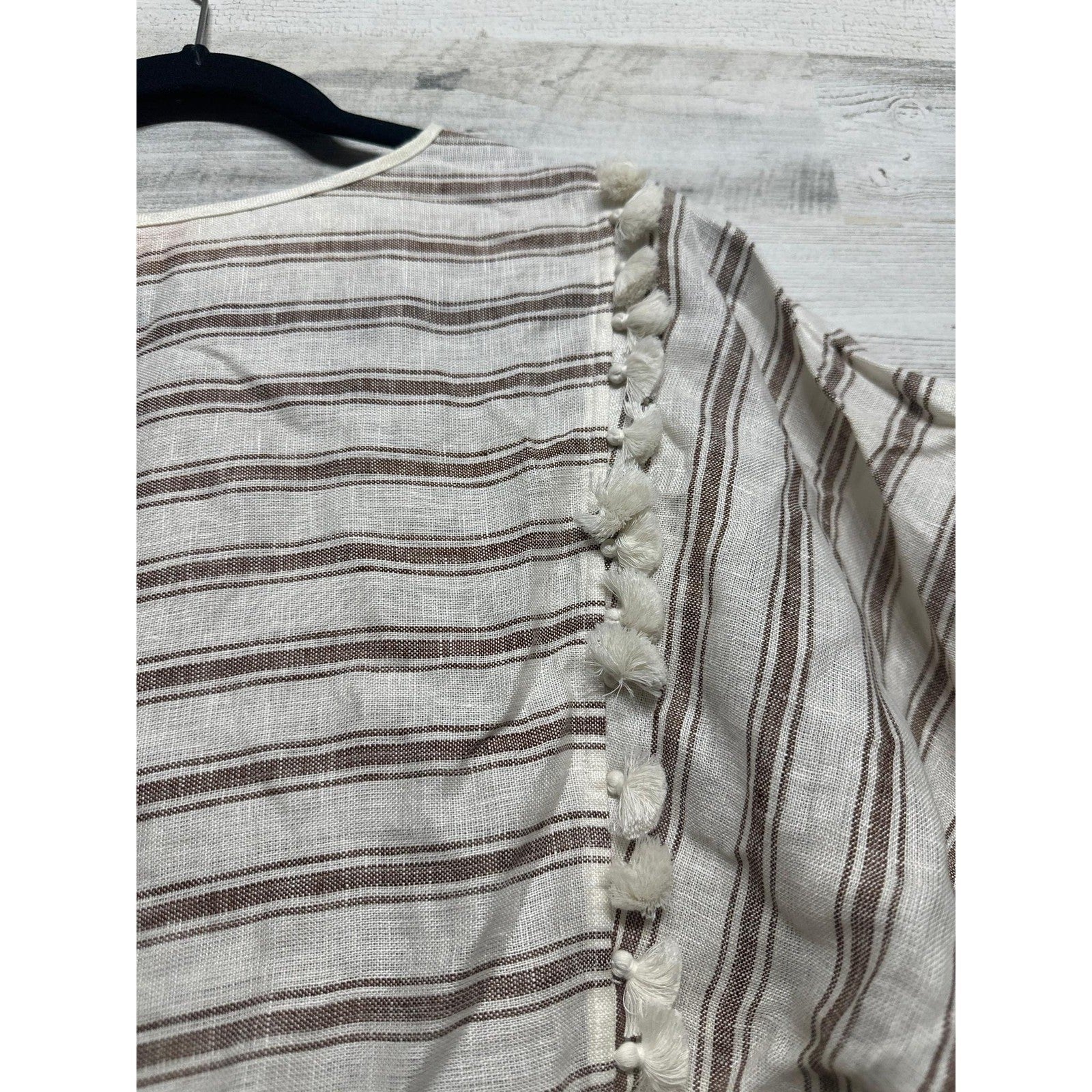 Tory Burch Striped Midi Caftan Women Small Ivory Anise Brown Linen Pom-Pom NWT5