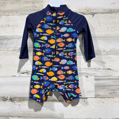 UpAndFast Rash Guard Swimsuit Baby Boys 6-9M Navy Blue Fish Print Coastal EUC2