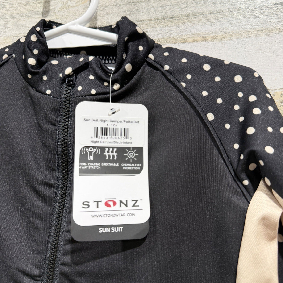 Stonz Sun Suit Infant 6-12M Black Polka Dot Night Camper Rash Guard NWT1