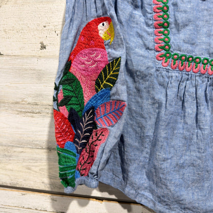 Boden Embroidered Parrot Blouse Women 6 Blue Linen Tropical Boho EUC3