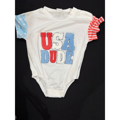 USA Dude Patriotic Romper Boys 6-9M White Stars Stripes EUC0