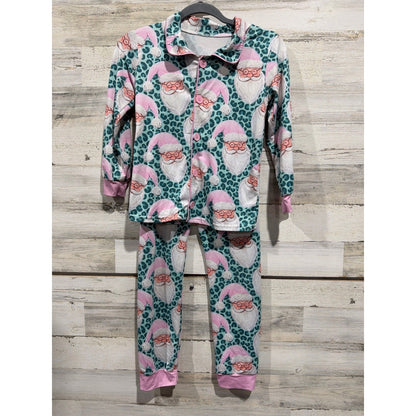 Boutique Santa Pajamas Girls 8-9 Teal Pink Leopard Print Holiday EUC0