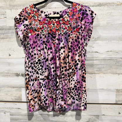 Savanna Jane Embroidered Blouse Women M Purple Leopard Rayon Boho EUC0