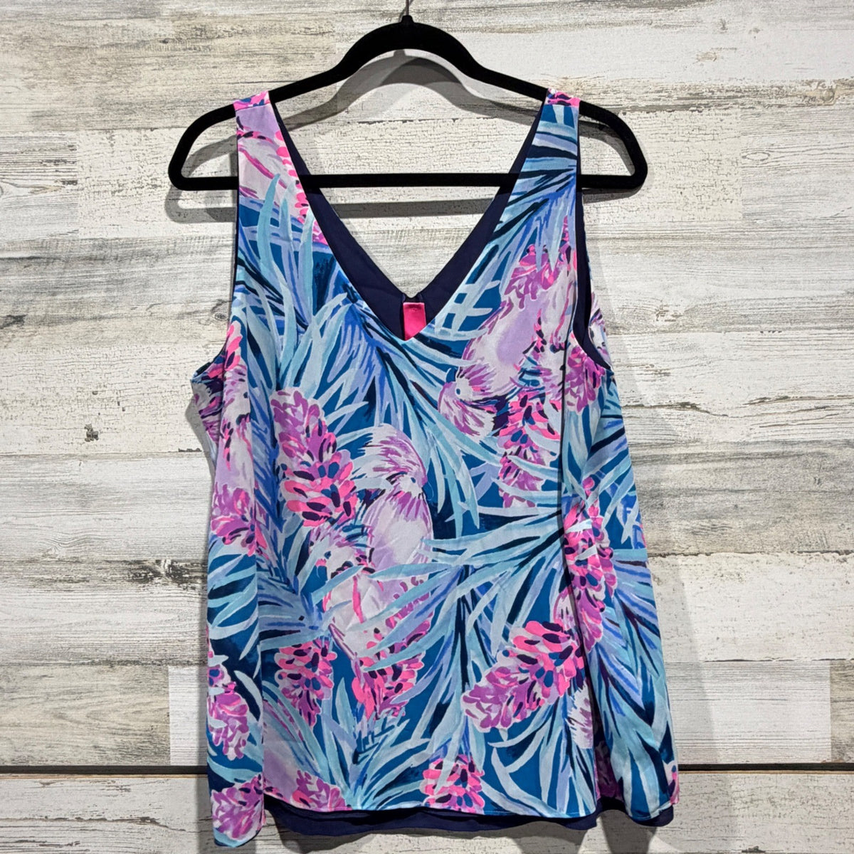 Lilly Pulitzer Florin Reversible Tank Top Women L Blue Tropical Floral Poly 20190