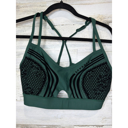 Savage X Fenty Sport Bra Women XL Green Lace Strappy Athleisure EUC0