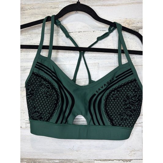 Savage X Fenty Sport Bra Women XL Green Lace Strappy Athleisure EUC0