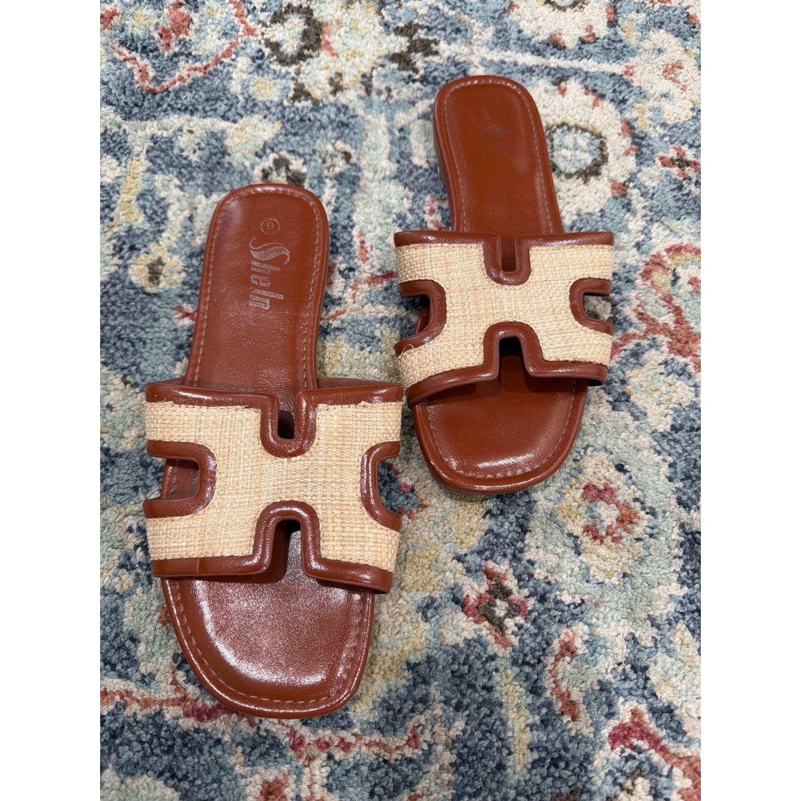 Shein Slide Sandals Women Size 9 Brown Raffia H-Strap Coastal EUC0