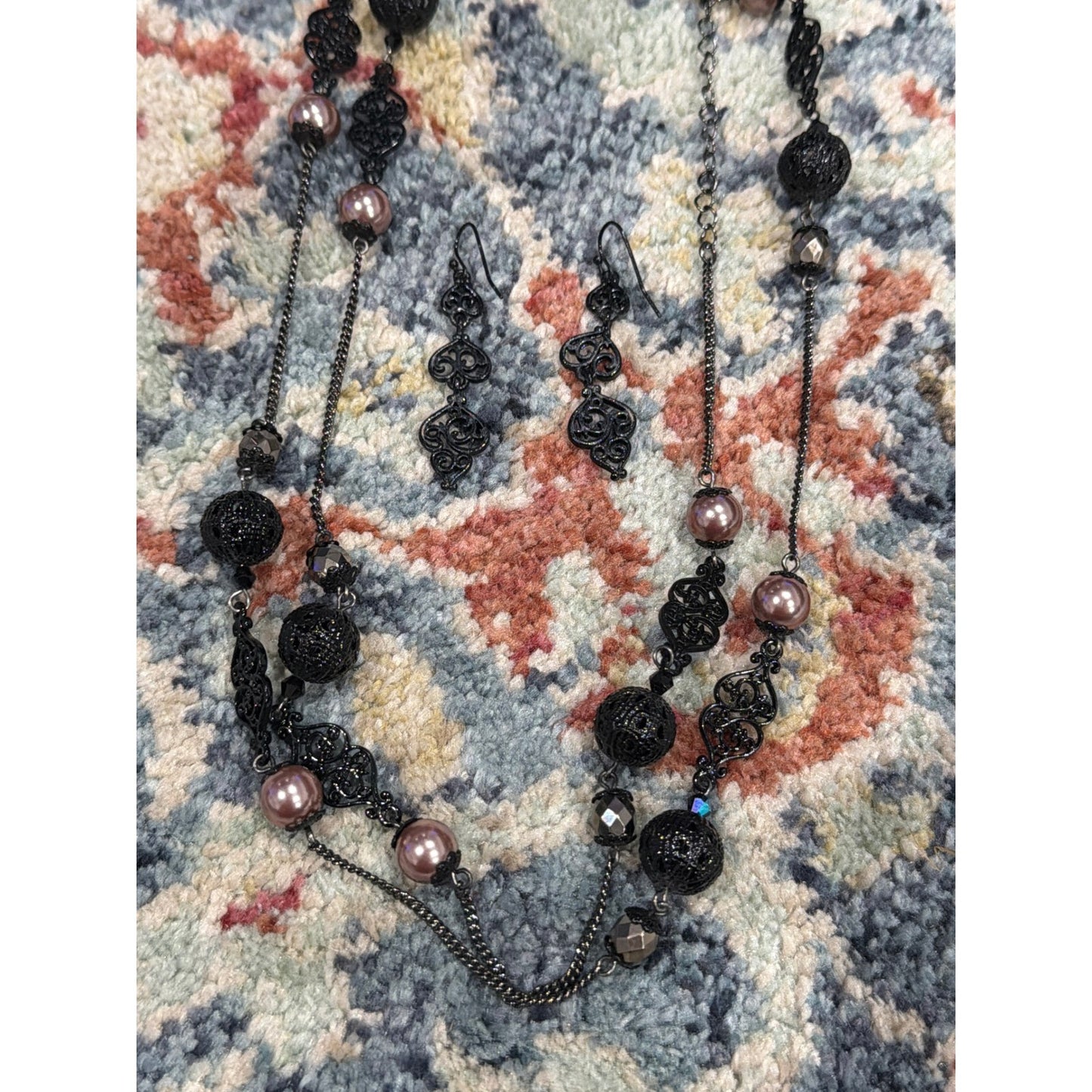 Necklace Earring Set Women Black Pearl Filigree Goth EUC0