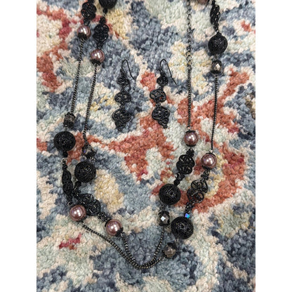 Necklace Earring Set Women Black Pearl Filigree Goth EUC0