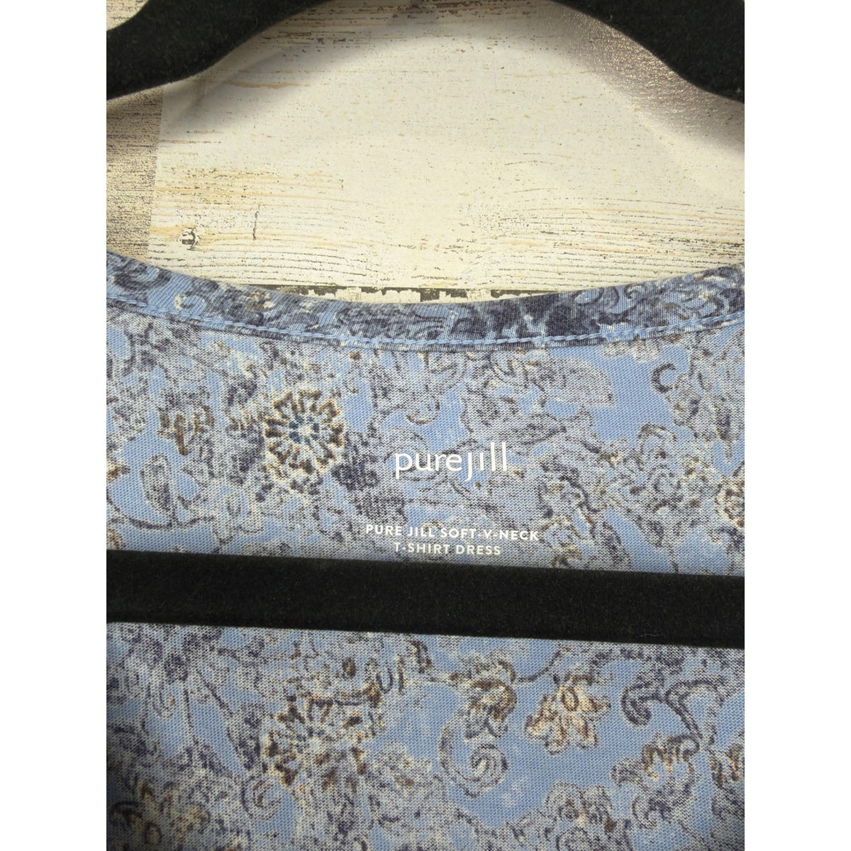 Pure Jill T-Shirt Dress Women XS Blue Floral V-Neck Cotton Lagenlook EUC1