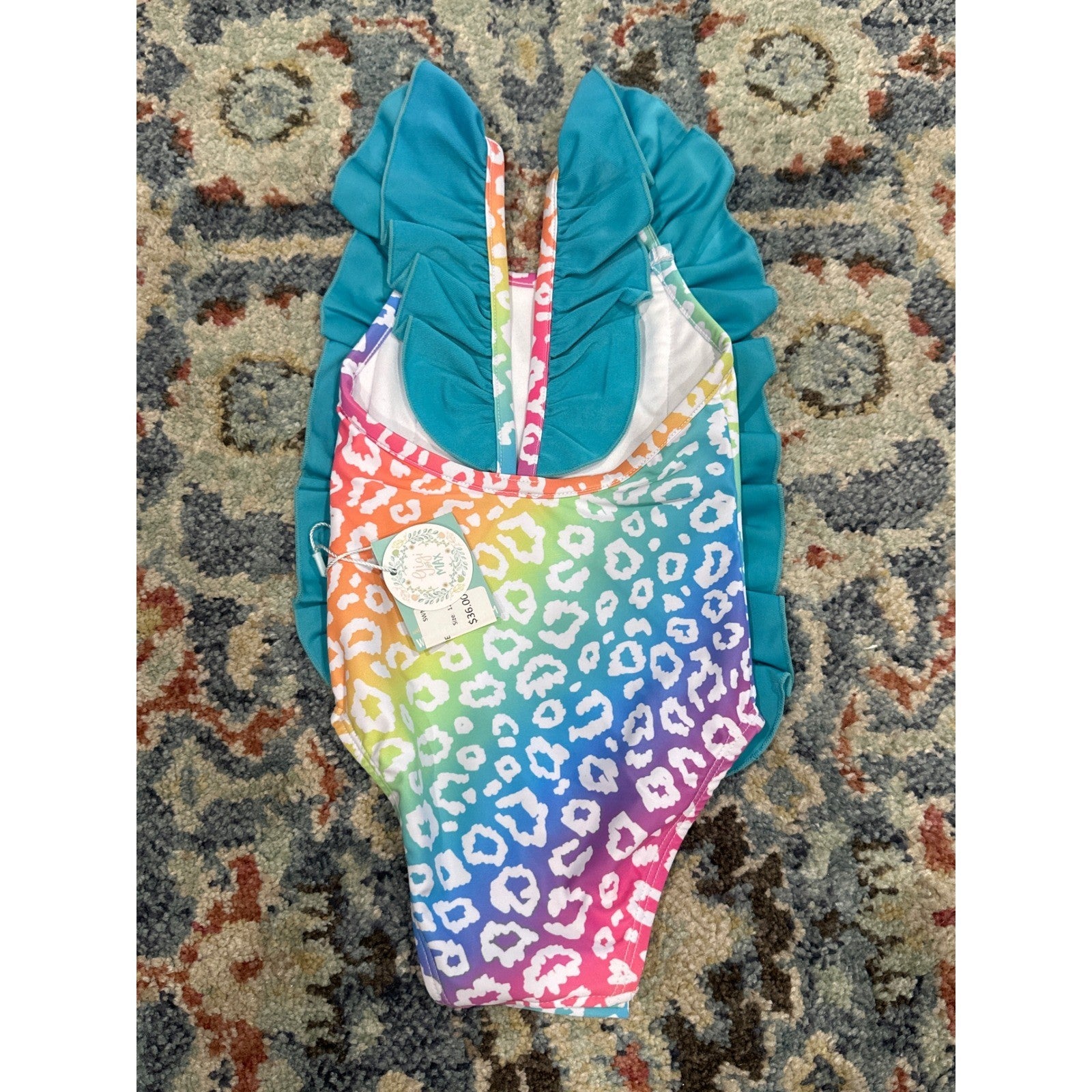 Gigi and Max Swimsuit Baby Girl 12M Rainbow Leopard Ruffle One Piece NWT1