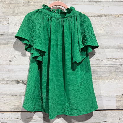 Shop The Mint Ruffle Neck Blouse Womens M Green Polyester Textured Preppy EUC3
