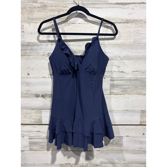 Lands End Swim Dress Women Size 10 Navy Blue Ruffle Surplice Coastal EUC0