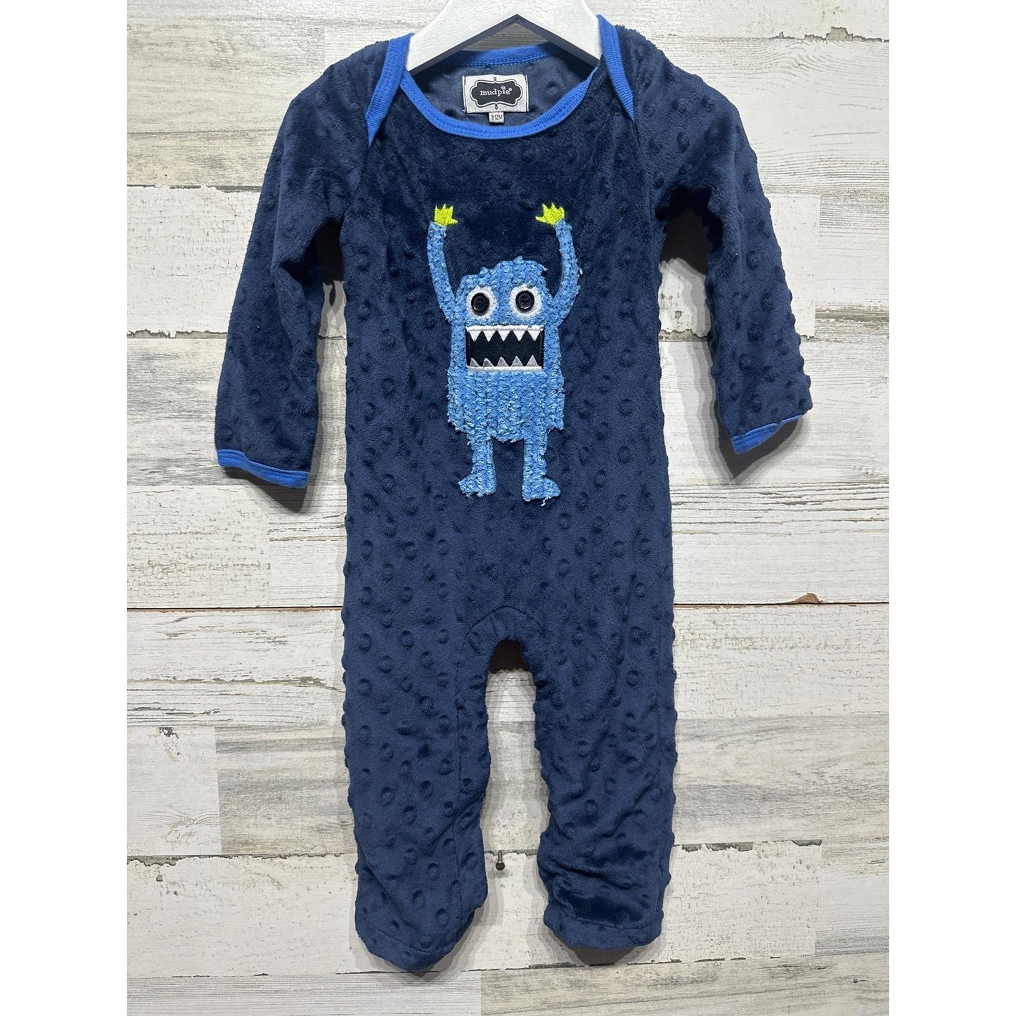 Mud Pie Monster Romper Boys 9-12M Navy Blue Minky Dot Fuzzy Applique EUC0