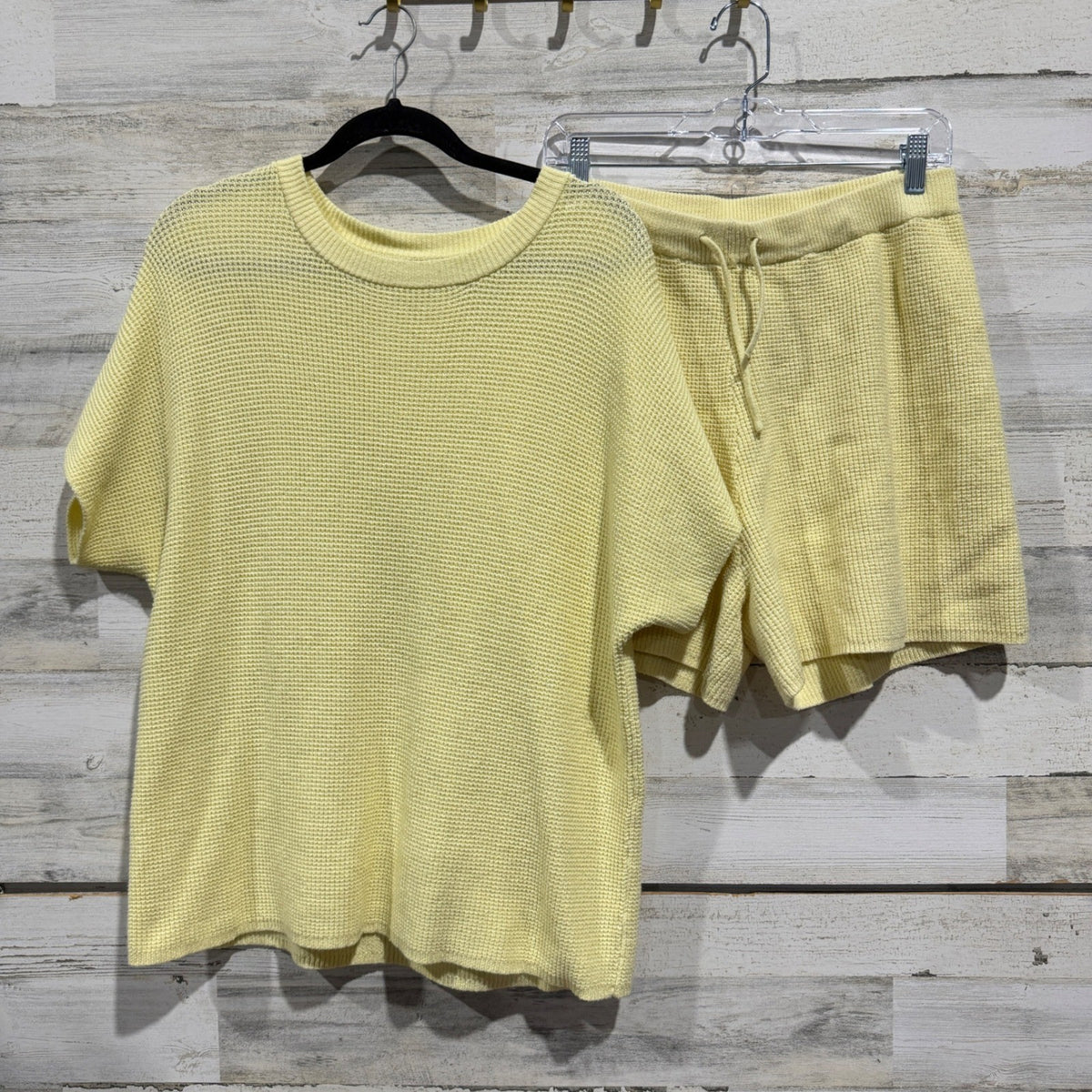Waffle Knit Short Set Women XL Yellow Viscose Blend Casual Loungewear0