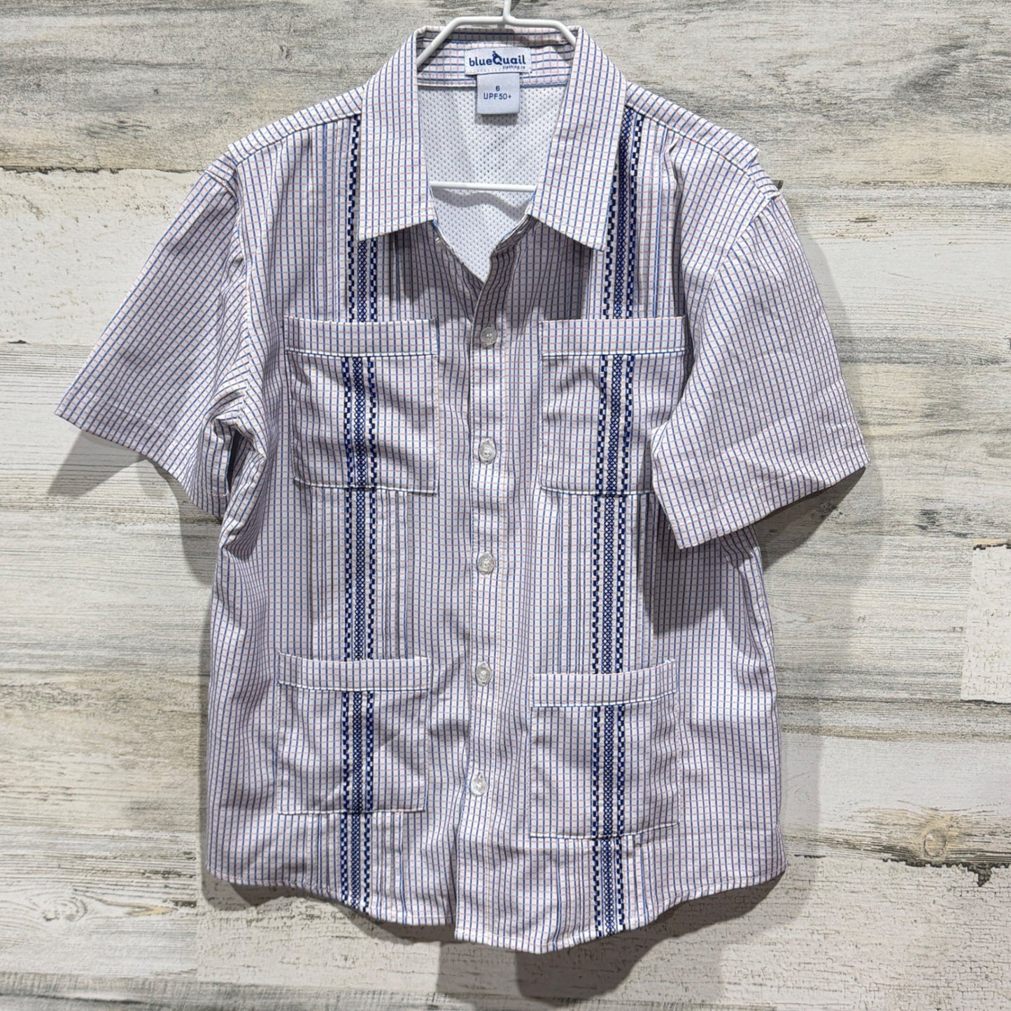 Blue Quail Fishing Shirt Boys 6 Blue Plaid UPF 50 Guayabera Outdoor EUC0