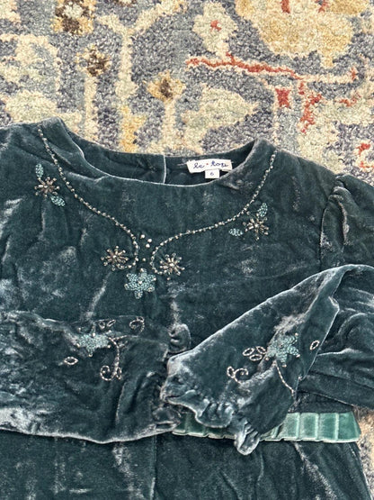 Le Top Velvet Dress Girls Size 6 Teal Beaded Floral Embroidery Holiday GUC2