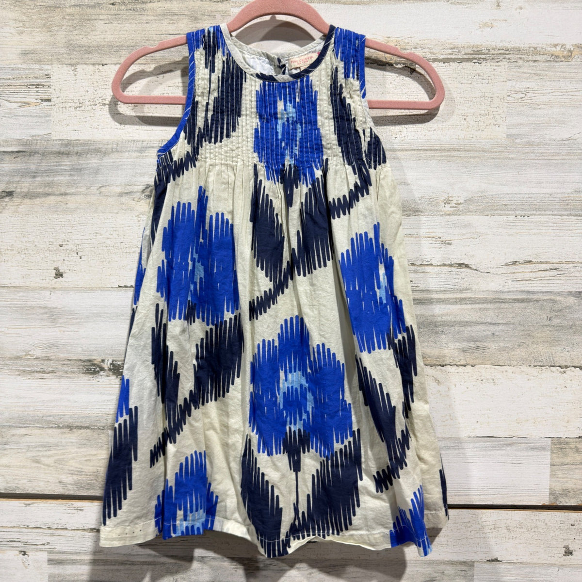 Pink Chicken Jaipur Dress Girls 8Y Blue White 100% Cotton Ikat Floral Boho EUC0
