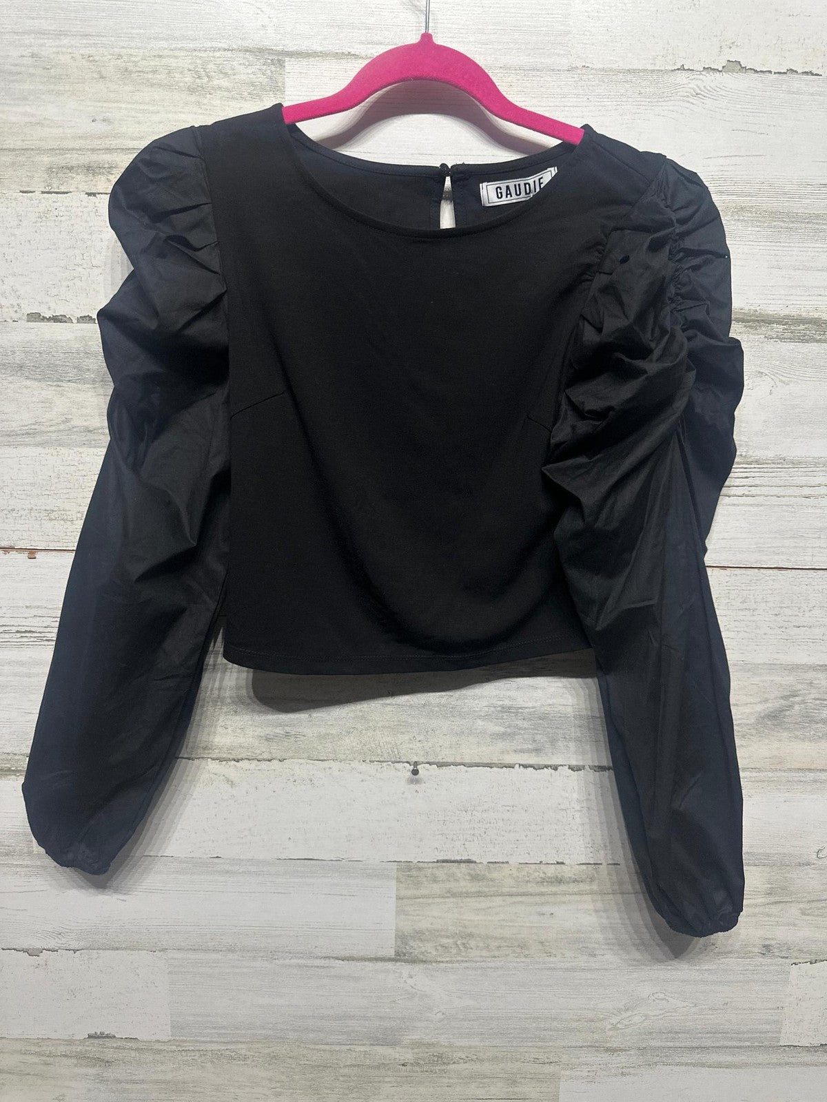 Gaudie Puff Sleeve Top Women Size S Black Ruched Crop Keyhole NWT0