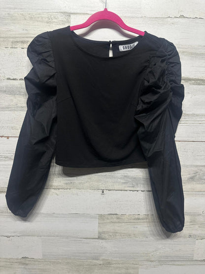 Gaudie Puff Sleeve Top Women Size S Black Ruched Crop Keyhole NWT0