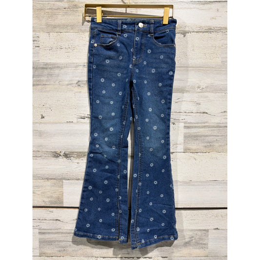Derek Heart Flare Jeans Girls 7/8 Blue Daisy Floral Print Cottagecore EUC0