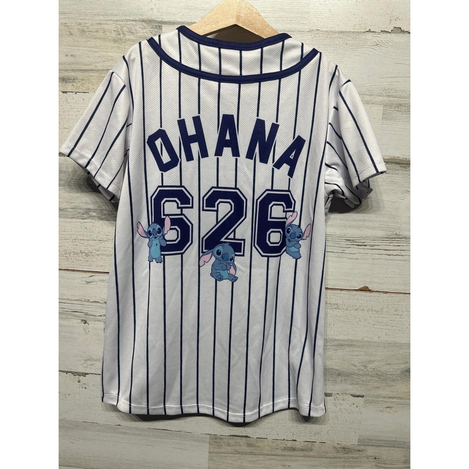 Disney Stitch Baseball Jersey Kids 14 L White Pinstripe Ohana 626 EUC2