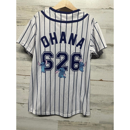 Disney Stitch Baseball Jersey Kids 14 L White Pinstripe Ohana 626 EUC2