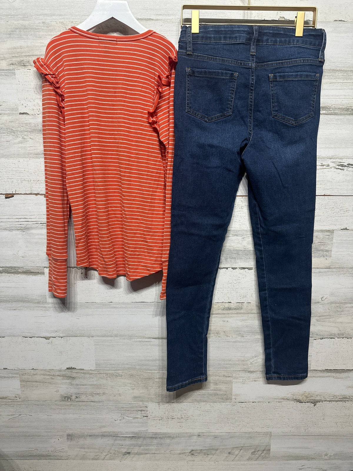 Kidpik Cat & Jack Outfit Set Girls 12 Large Orange Striped Ruffle Floral Jeans2