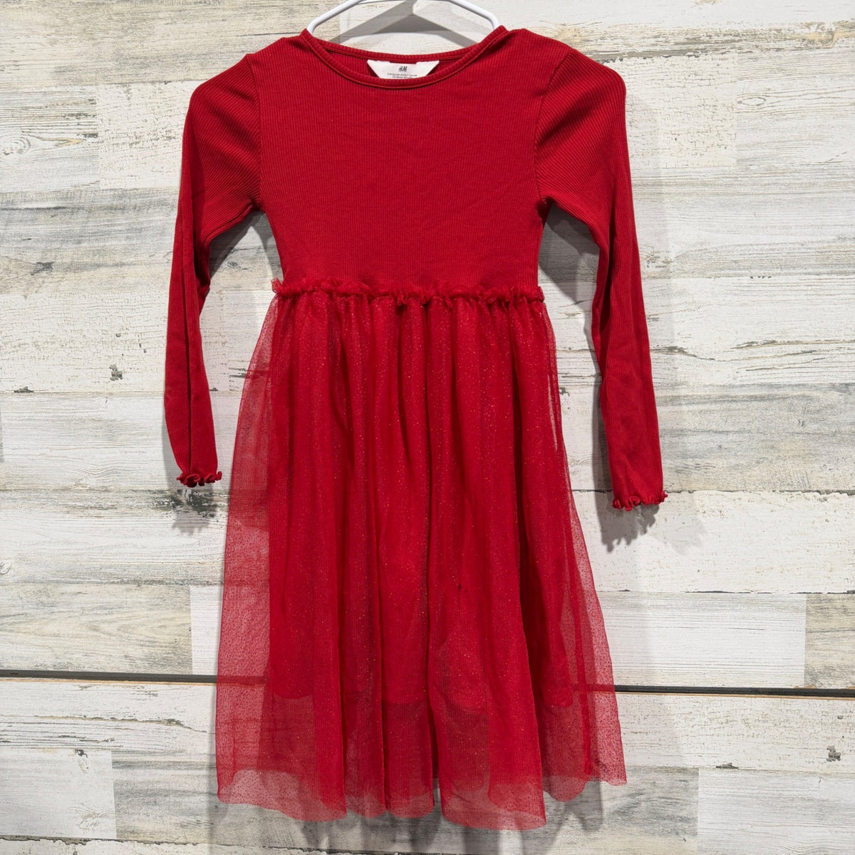 H&M Tulle Skirt Ribbed Dress Girls 6X/7 Red Cotton Blend Holiday Flawed*0