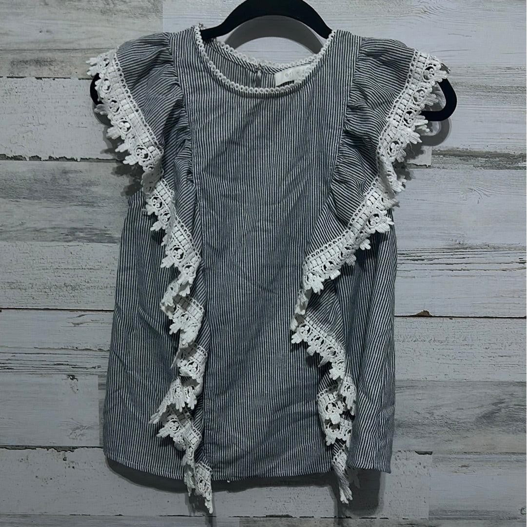 Eri + Ali Ruffle Blouse Women Small Blue White Striped Lace Trim EUC0
