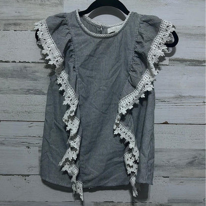 Eri + Ali Ruffle Blouse Women Small Blue White Striped Lace Trim EUC0