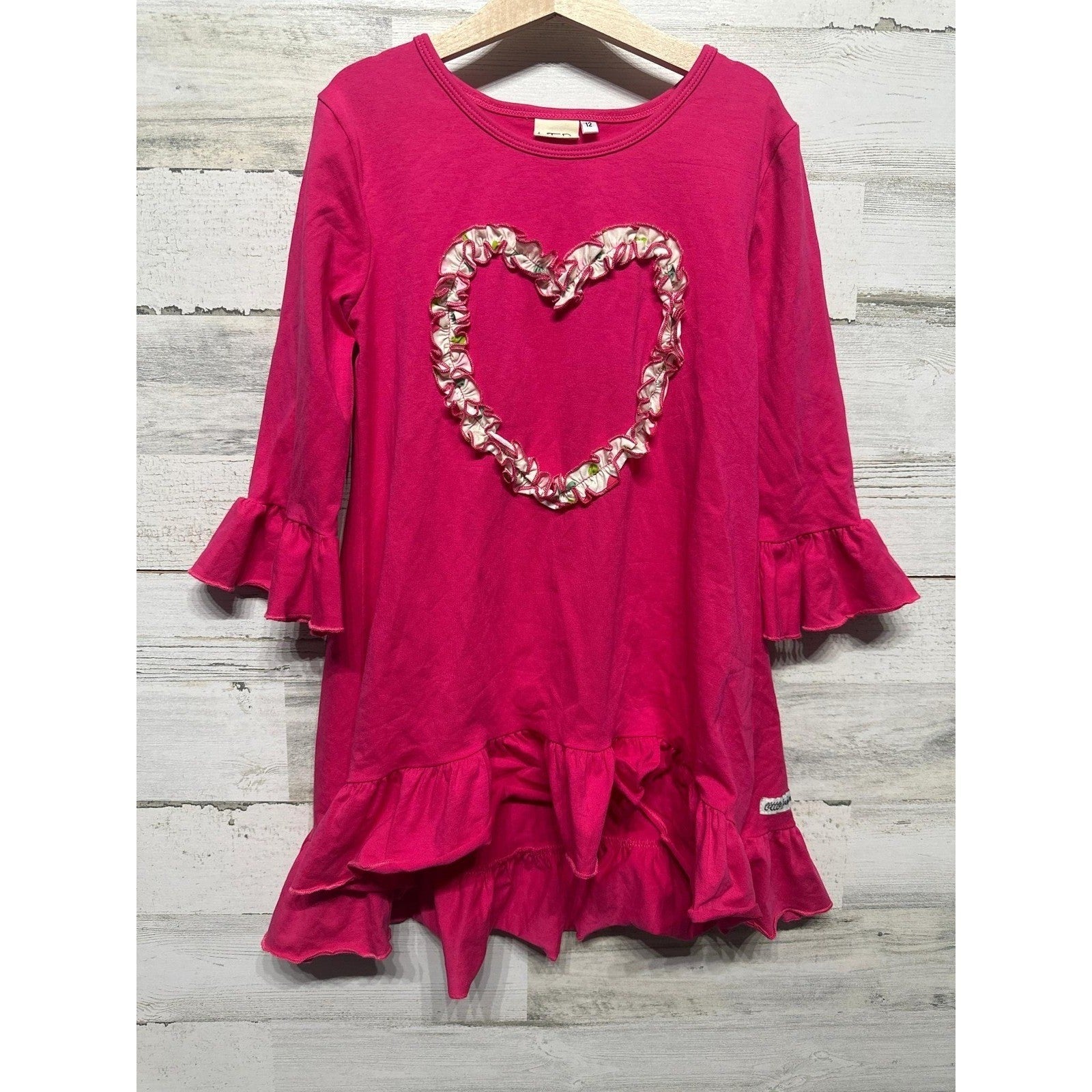 Little Fashionista Boutique Tunic Top Girls 12 Pink Heart Ruffle High Low EUC0