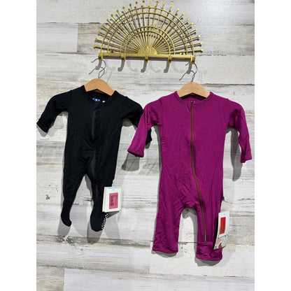 KicKee Pants Bamboo Footie Bundle Girls NB 0-3M Black Purple Ruffle Solid NWT0