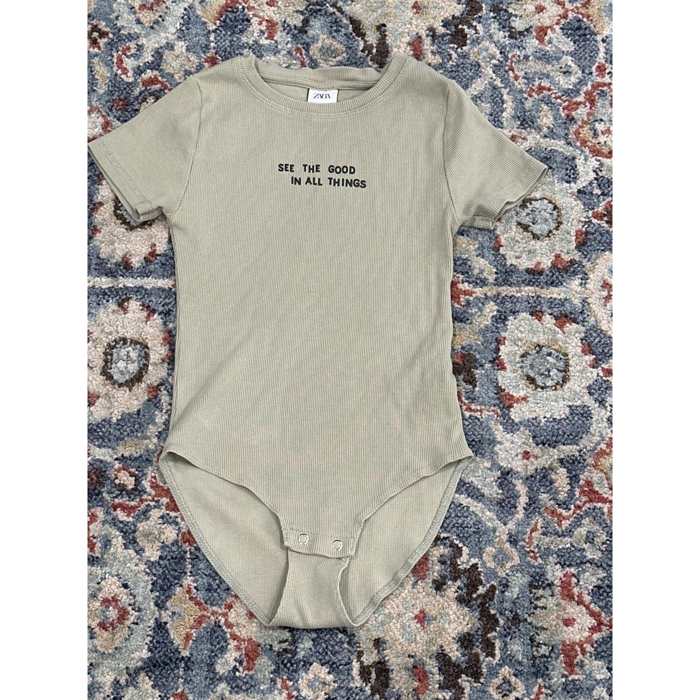 Zara Bodysuit Kids Size 10 Sage Green See The Good Ribbed Graphic EUC0