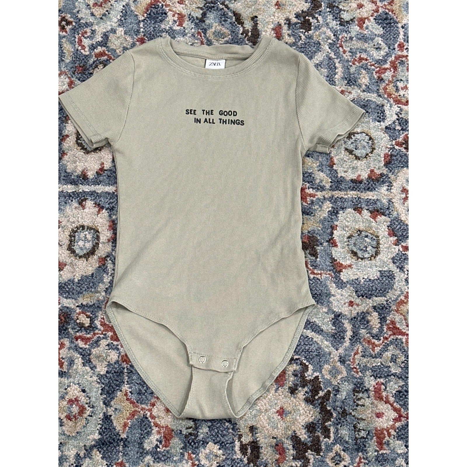Zara Bodysuit Kids Size 10 Sage Green See The Good Ribbed Graphic EUC0