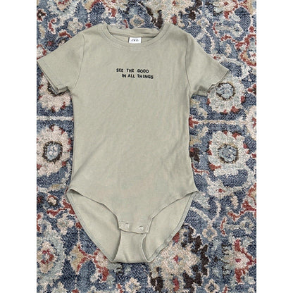 Zara Bodysuit Kids Size 10 Sage Green See The Good Ribbed Graphic EUC0