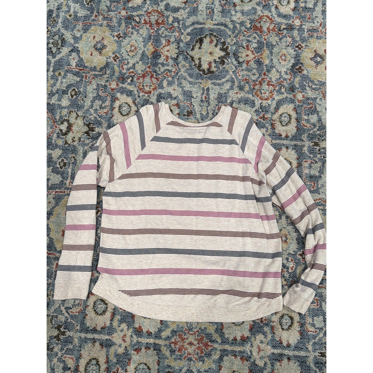 Thread & Supply Striped Pullover Women XL Tan Navy Burgundy Cozy Life EUC3
