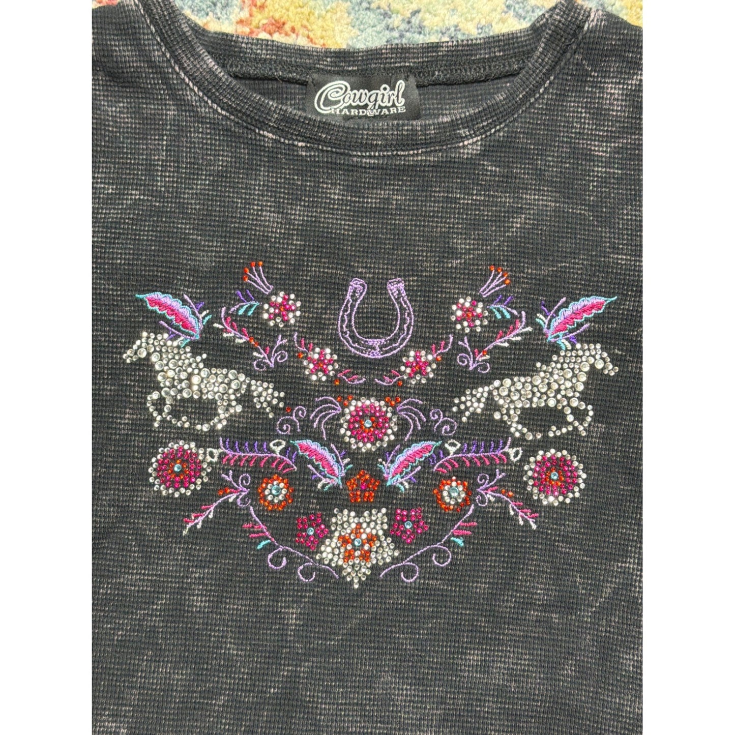 Cowgirl Hardware Thermal Shirt Girls Small Gray Rhinestone Horse Western EUC1