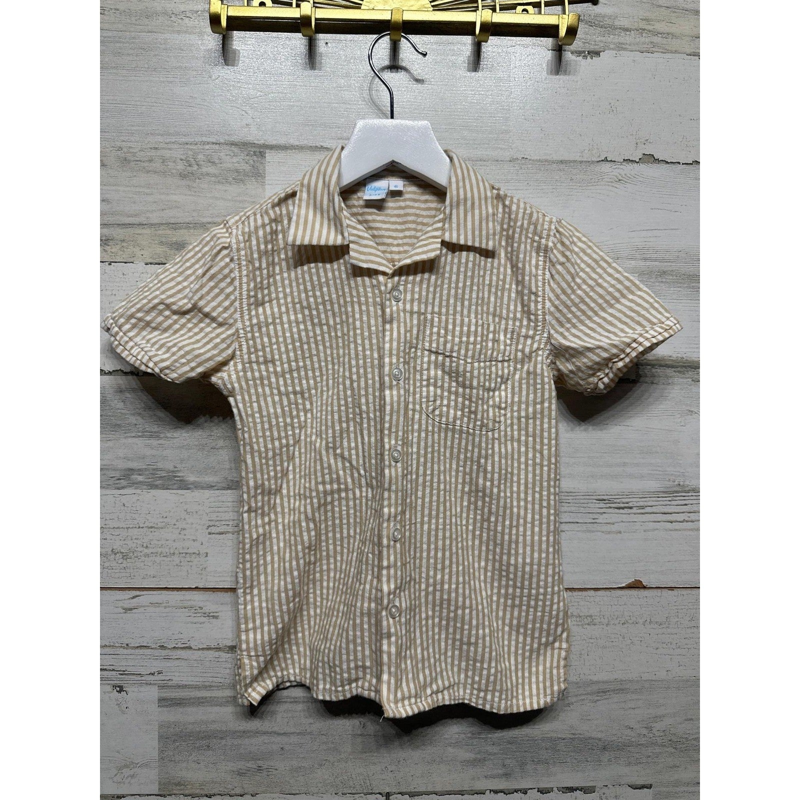 Vatpave Button Down Shirt Boys Size 6 Tan White Striped Short Sleeve EUC0