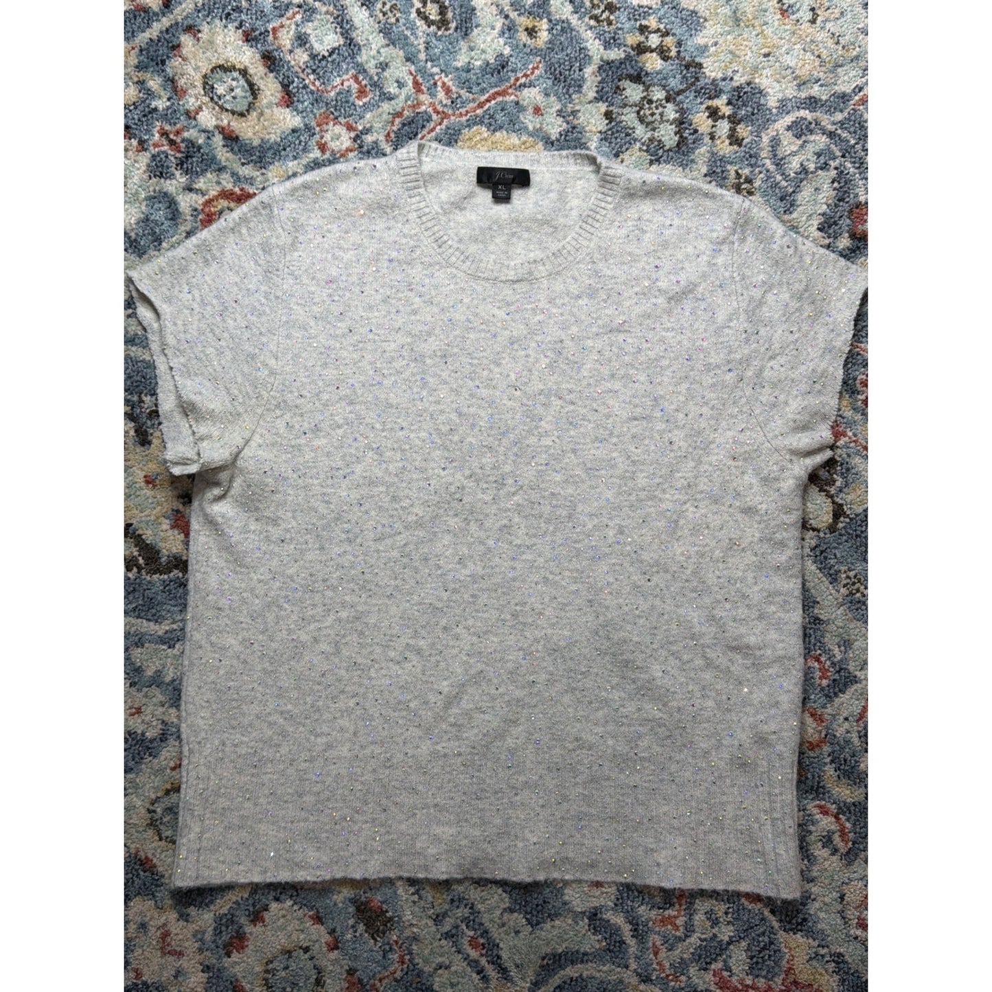 J.Crew Short Sleeve Sweater Women XL Gray Rhinestone Merino Wool Blend EUC3